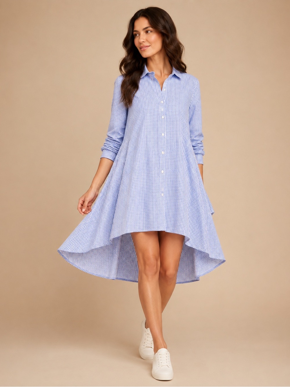Step In Style Blue Gingham High-Low Button Front Shirt Dress Size Small